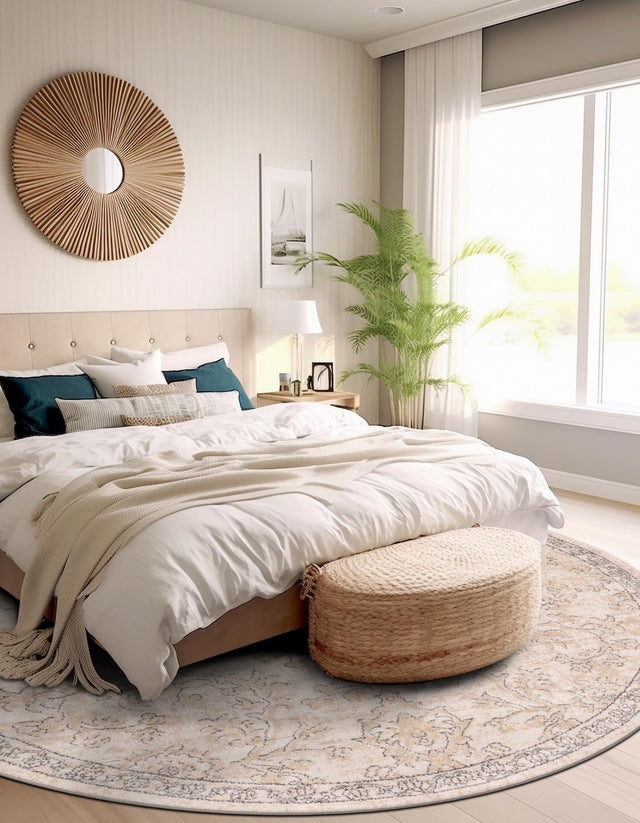 Ivory 7' 1 x 7' 1 Portland Round Area Rug 85% Polypropylene & 15% Polyester Vintage Distressed Traditional Carpet for Home Decor for Sale at Rug Engine