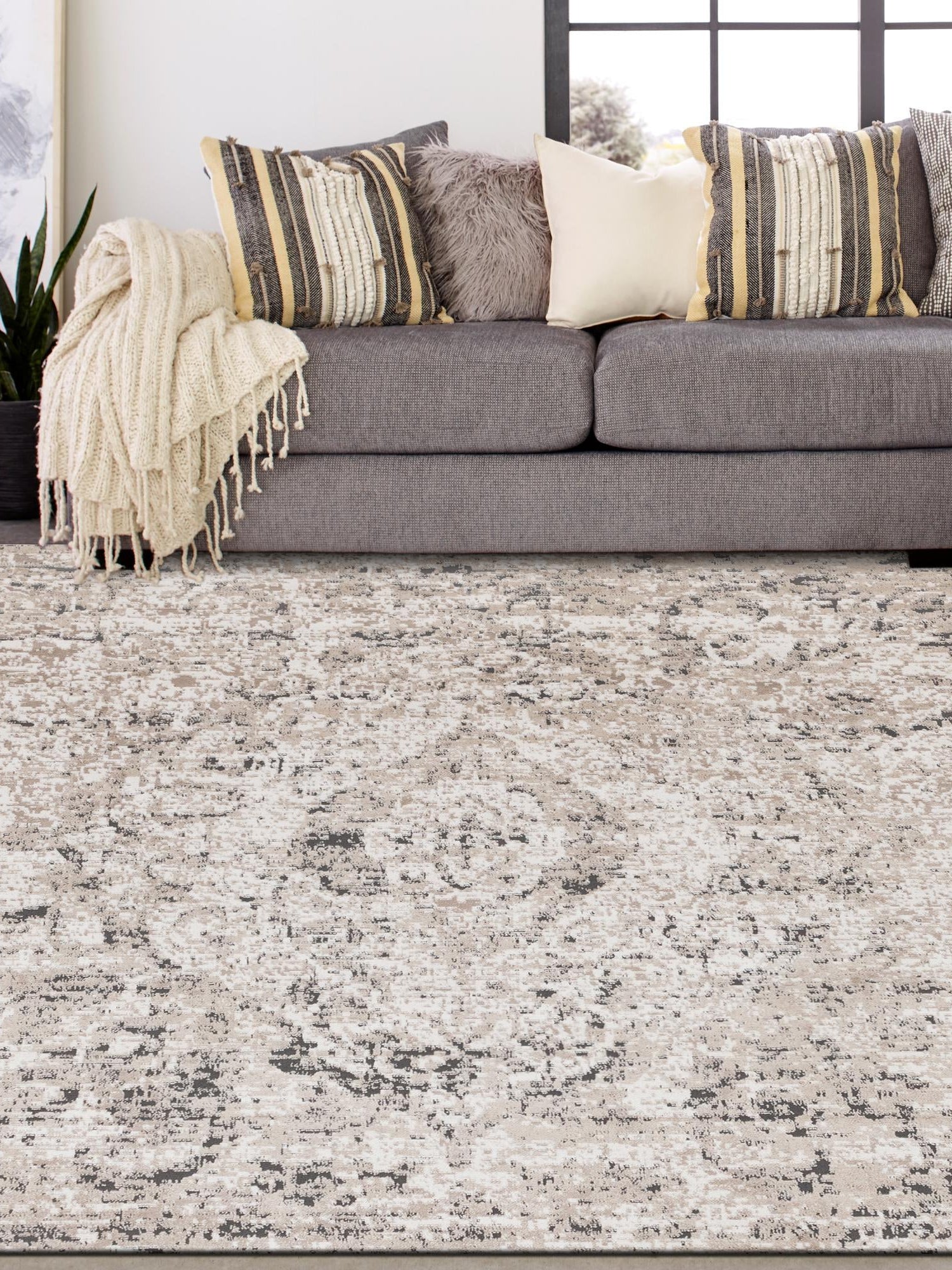 Beige 10' x 10' Portland Square Area Rug 85% Polypropylene & 15% Polyester Vintage Distressed Traditional Carpet for Home Decor for Sale at Rug Engine