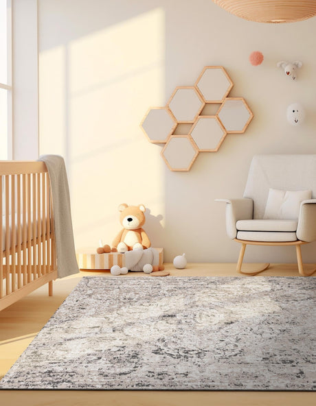 Beige 5' 3 x 5' 3 Portland Square Area Rug 85% Polypropylene & 15% Polyester Vintage Distressed Traditional Carpet for Home Decor for Sale at Rug Engine