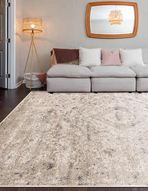 Beige 9' x 12' Portland Rectangle Area Rug 85% Polypropylene & 15% Polyester Vintage Distressed Traditional Carpet for Home Decor for Sale at Rug Engine