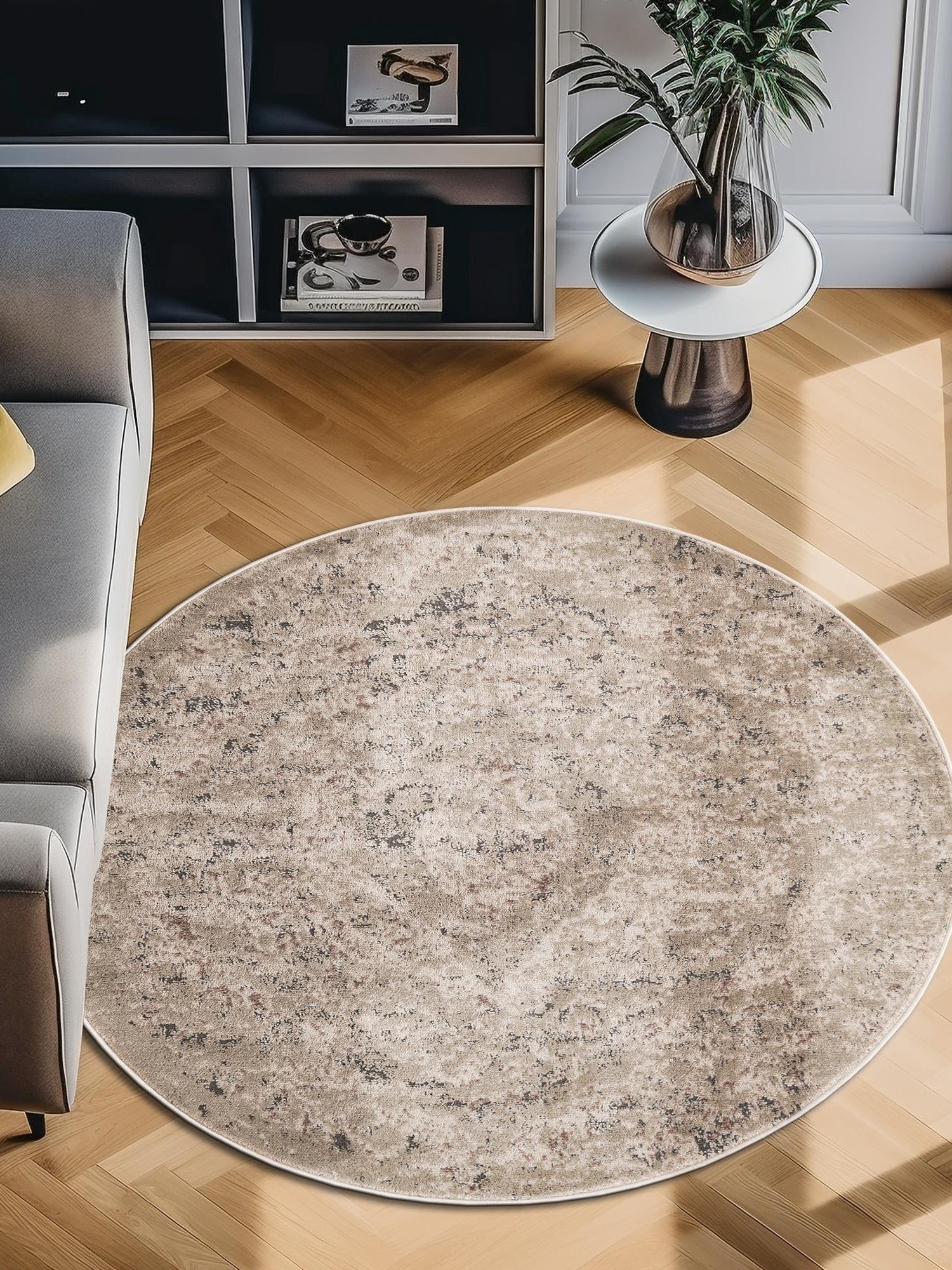 Beige 5' 3 x 5' 3 Portland Round Area Rug 85% Polypropylene & 15% Polyester Vintage Distressed Traditional Carpet for Home Decor for Sale at Rug Engine