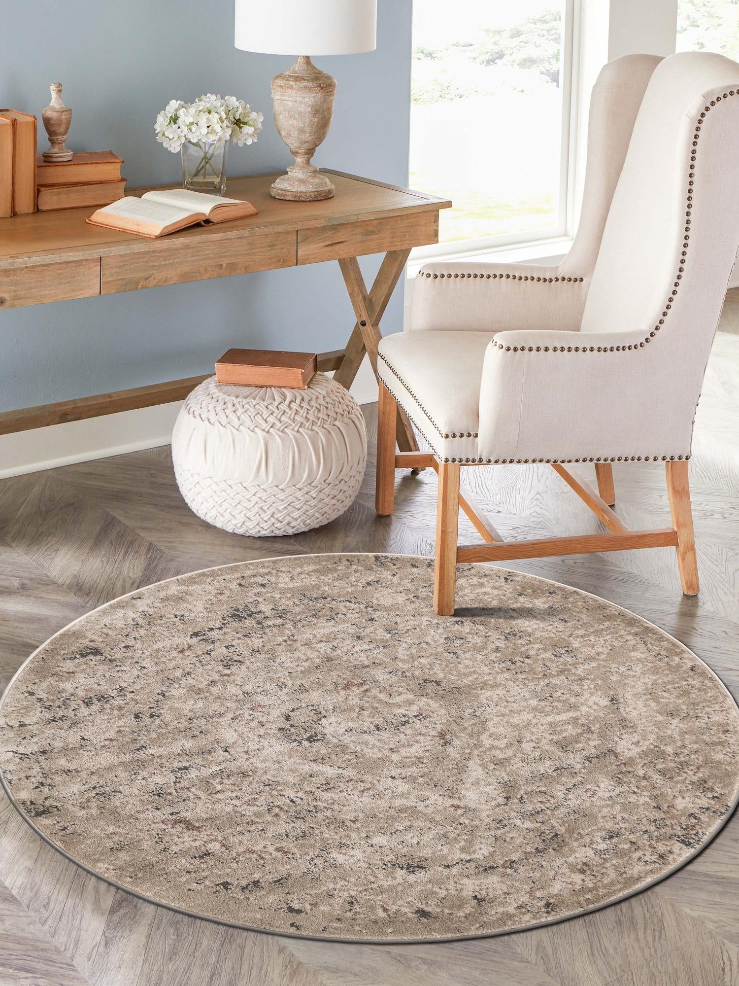 Beige 7' 1 x 7' 1 Portland Round Area Rug 85% Polypropylene & 15% Polyester Vintage Distressed Traditional Carpet for Home Decor for Sale at Rug Engine