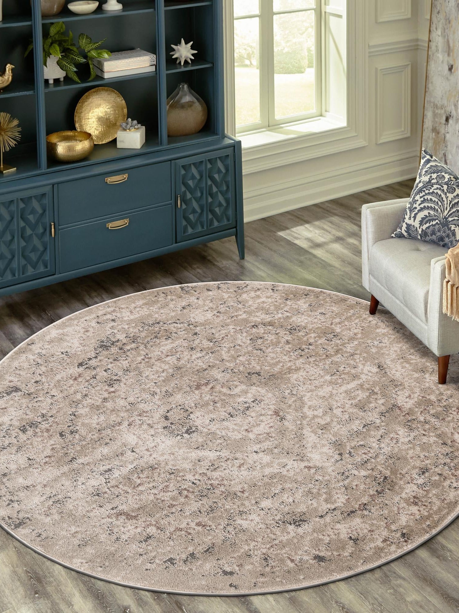 Beige 3' 1 x 3' 1 Portland Round Area Rug 85% Polypropylene & 15% Polyester Vintage Distressed Traditional Carpet for Home Decor for Sale at Rug Engine