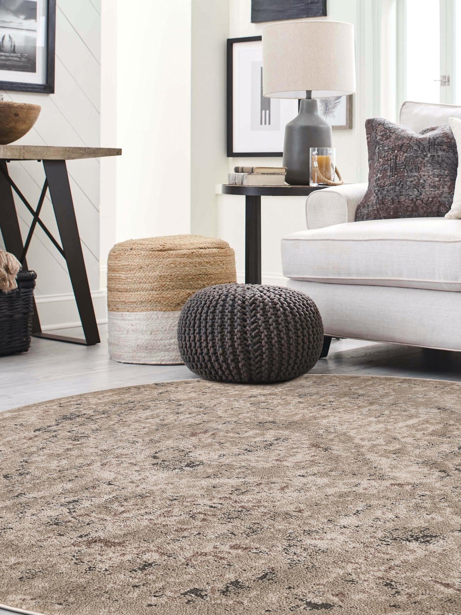 Beige 3' 1 x 3' 1 Portland Round Area Rug 85% Polypropylene & 15% Polyester Vintage Distressed Traditional Carpet for Home Decor for Sale at Rug Engine