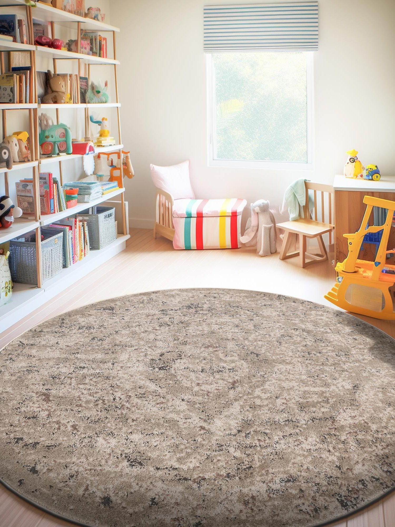 Beige 7' 1 x 7' 1 Portland Round Area Rug 85% Polypropylene & 15% Polyester Vintage Distressed Traditional Carpet for Home Decor for Sale at Rug Engine