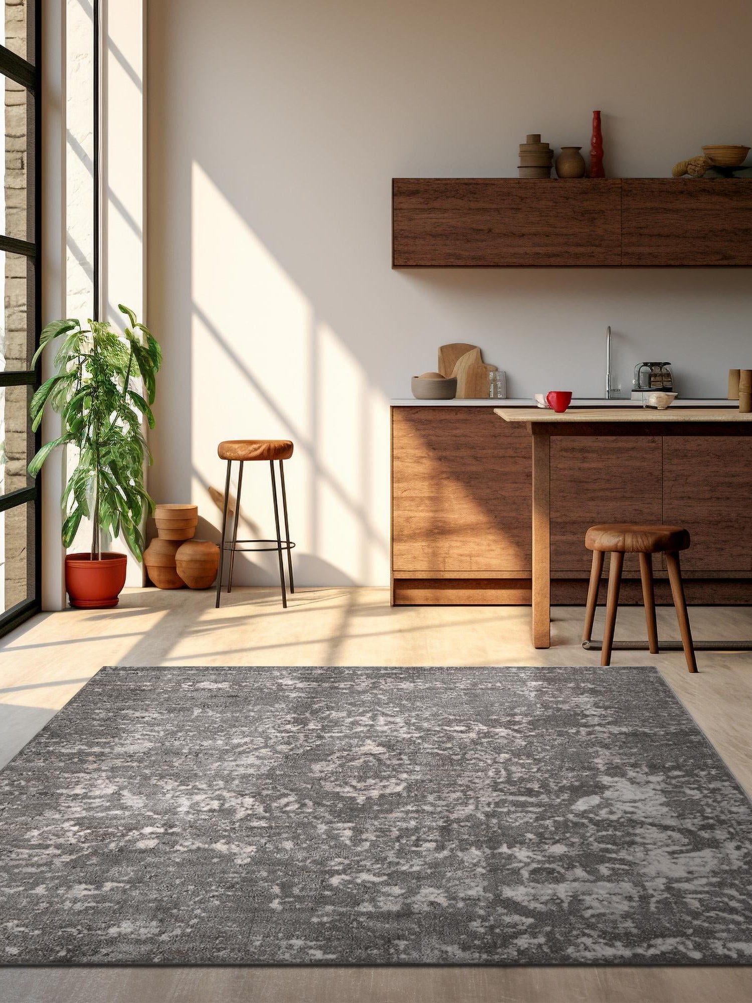 Gray 7' 10 x 7' 10 Portland Square Area Rug 85% Polypropylene & 15% Polyester Vintage Distressed Traditional Carpet for Home Decor for Sale at Rug Engine