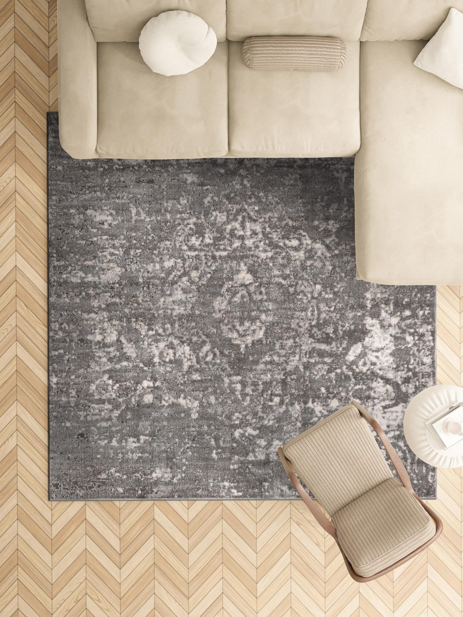 Gray 6' 1 x 6' 1 Portland Square Area Rug 85% Polypropylene & 15% Polyester Vintage Distressed Traditional Carpet for Home Decor for Sale at Rug Engine