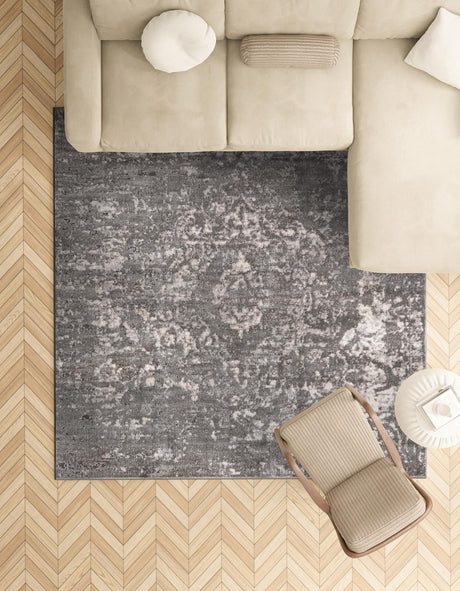 Gray 6' 1 x 6' 1 Portland Square Area Rug 85% Polypropylene & 15% Polyester Vintage Distressed Traditional Carpet for Home Decor for Sale at Rug Engine