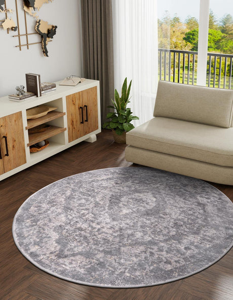 Gray 3' 1 x 3' 1 Portland Round Area Rug 85% Polypropylene & 15% Polyester Vintage Distressed Traditional Carpet for Home Decor for Sale at Rug Engine