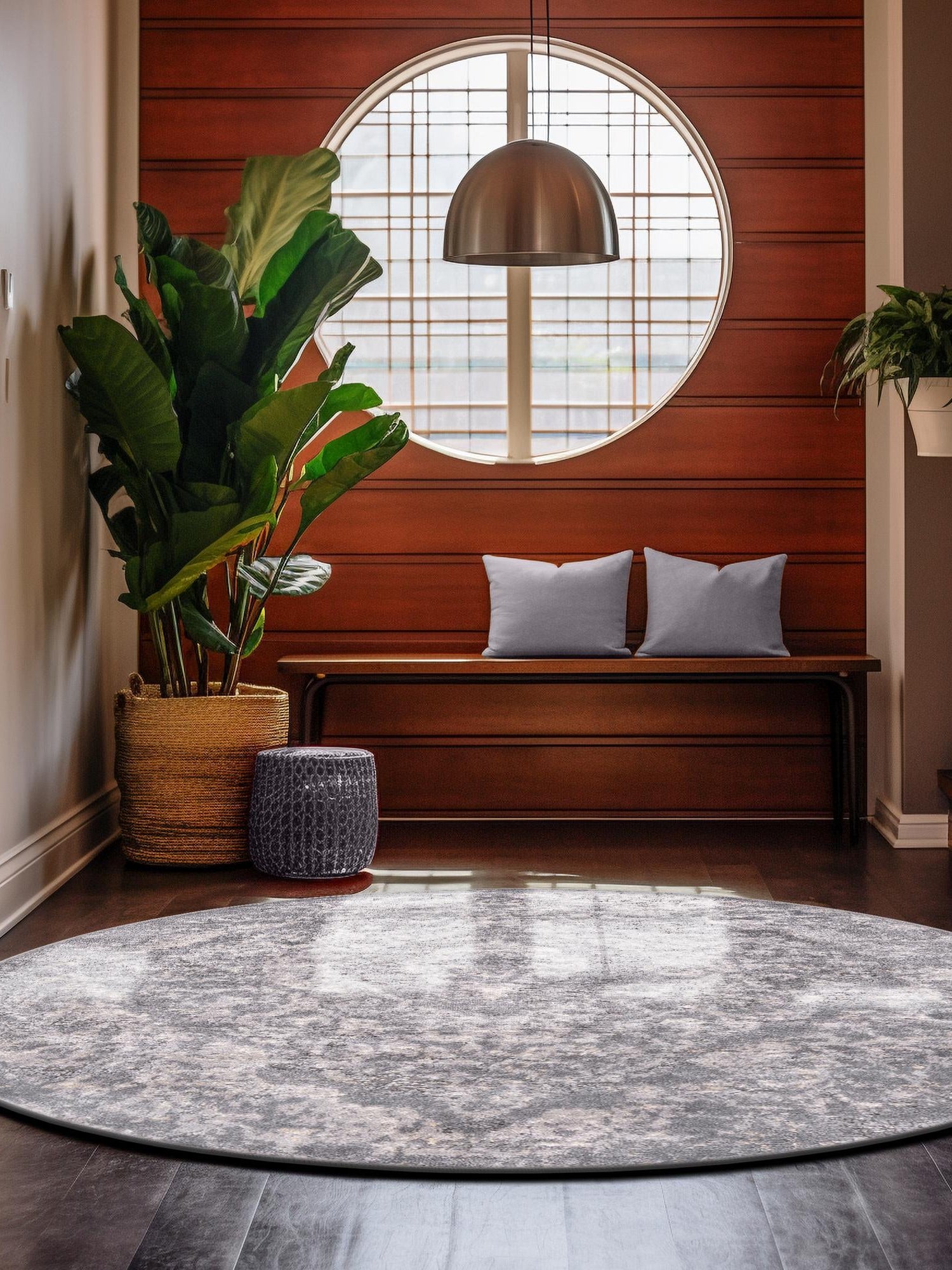 Gray 7' 1 x 7' 1 Portland Round Area Rug 85% Polypropylene & 15% Polyester Vintage Distressed Traditional Carpet for Home Decor for Sale at Rug Engine
