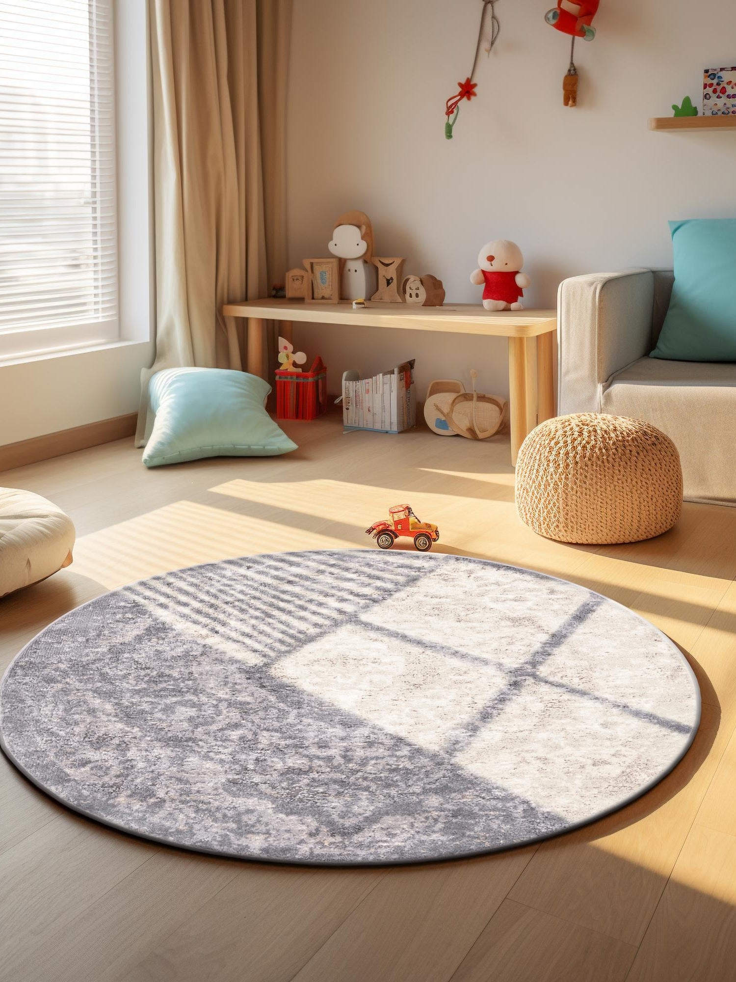 Gray 7' 1 x 7' 1 Portland Round Area Rug 85% Polypropylene & 15% Polyester Vintage Distressed Traditional Carpet for Home Decor for Sale at Rug Engine