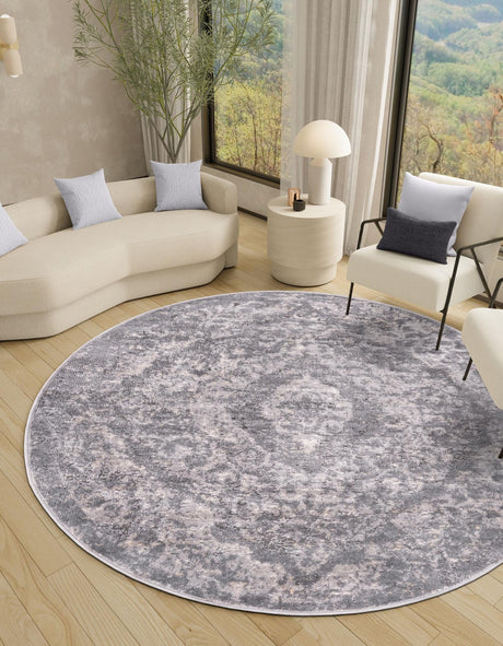Gray 5' 3 x 5' 3 Portland Round Area Rug 85% Polypropylene & 15% Polyester Vintage Distressed Traditional Carpet for Home Decor for Sale at Rug Engine