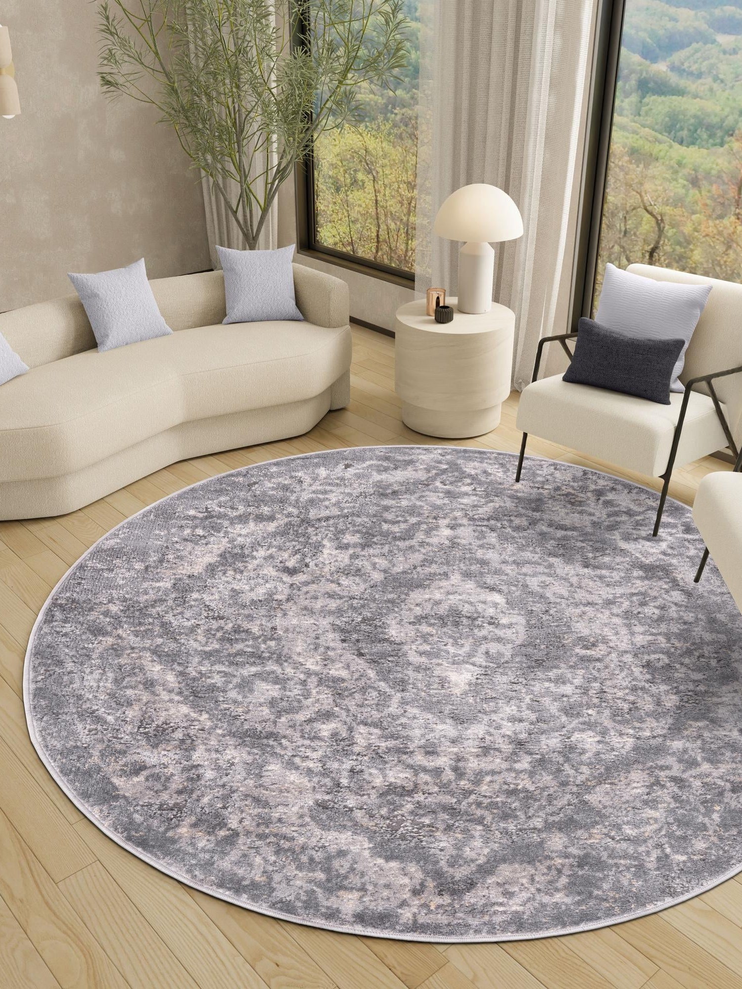 Gray 7' 1 x 7' 1 Portland Round Area Rug 85% Polypropylene & 15% Polyester Vintage Distressed Traditional Carpet for Home Decor for Sale at Rug Engine