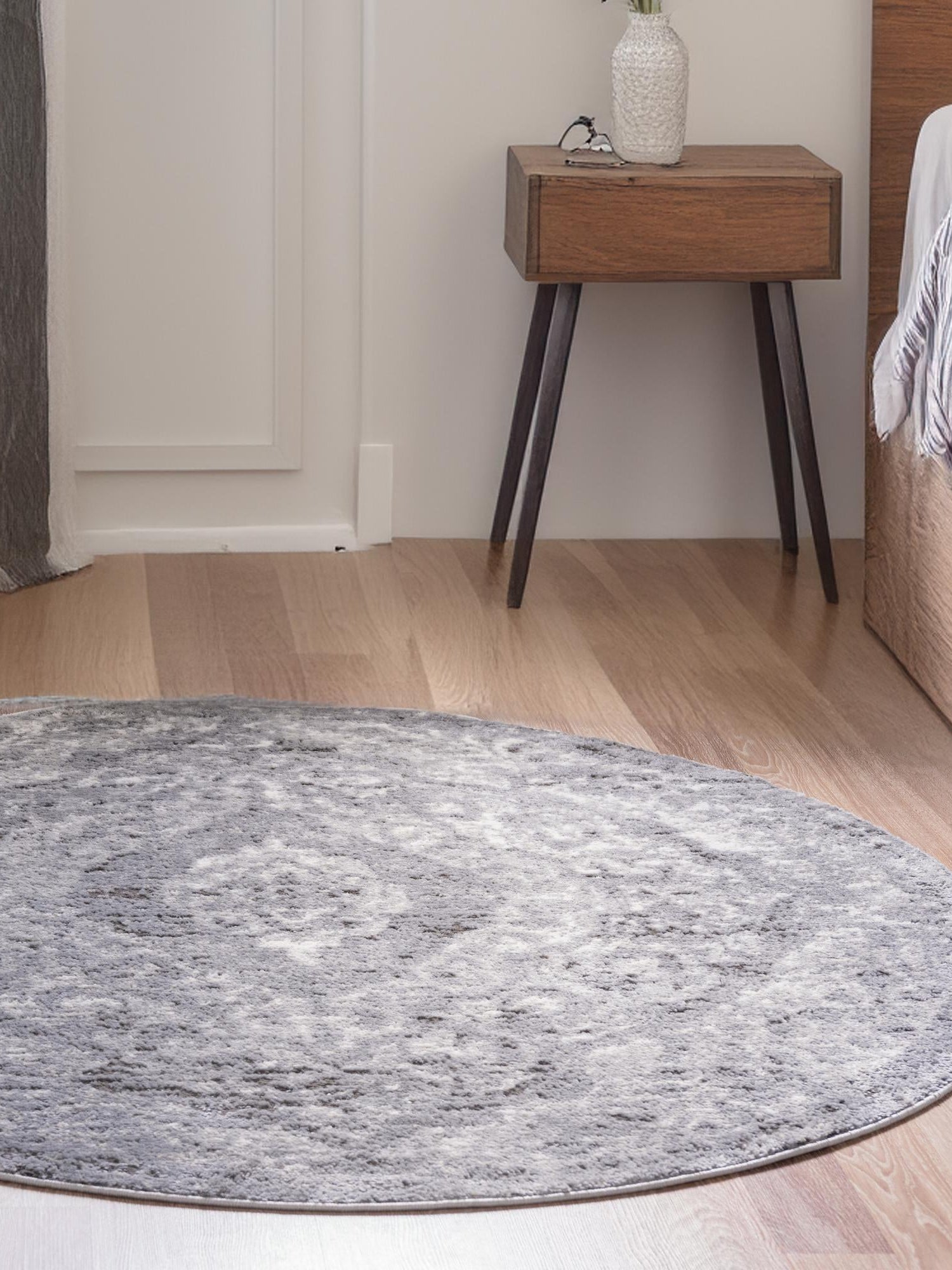Gray 7' 1 x 7' 1 Portland Round Area Rug 85% Polypropylene & 15% Polyester Vintage Distressed Traditional Carpet for Home Decor for Sale at Rug Engine