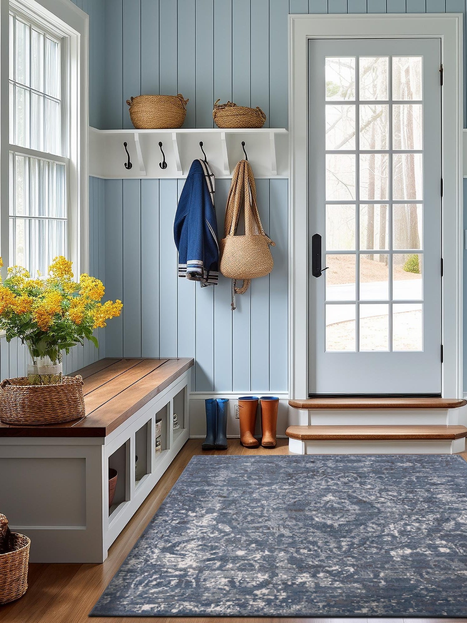 Blue 5' 3 x 5' 3 Portland Square Area Rug 85% Polypropylene & 15% Polyester Vintage Distressed Traditional Carpet for Home Decor for Sale at Rug Engine