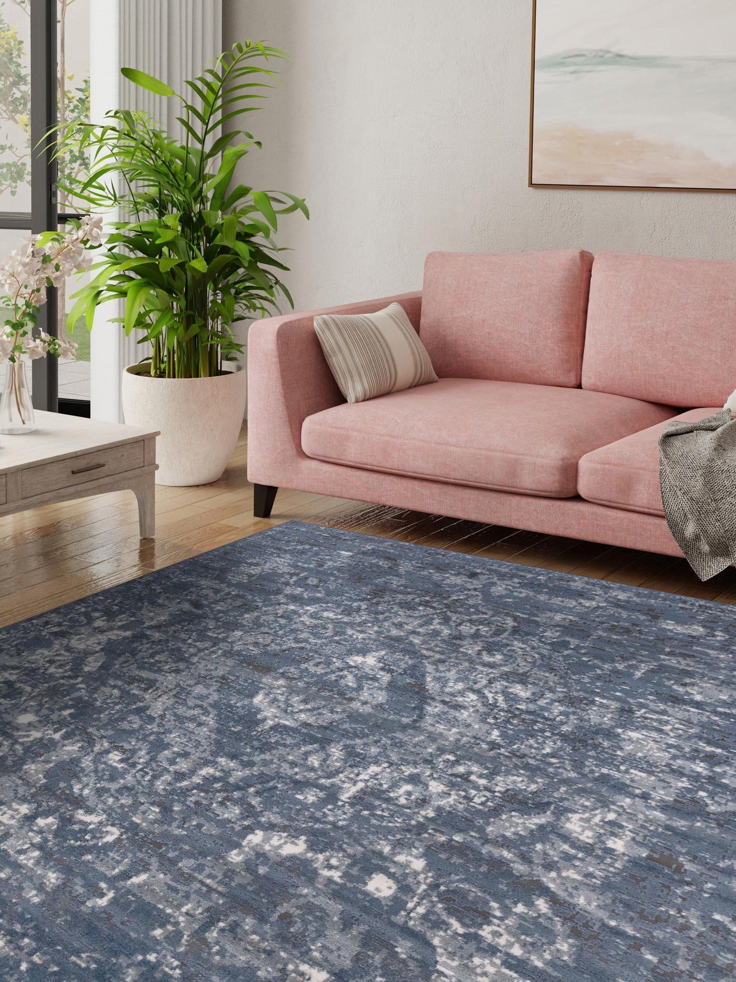 Blue 5' 3 x 5' 3 Portland Square Area Rug 85% Polypropylene & 15% Polyester Vintage Distressed Traditional Carpet for Home Decor for Sale at Rug Engine