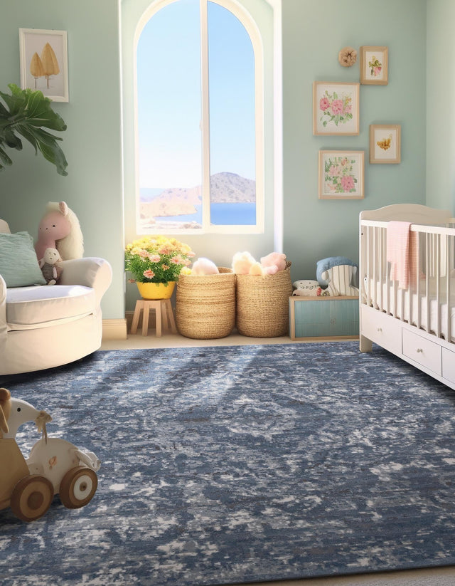 Blue 4' 1 x 4' 1 Portland Square Area Rug 85% Polypropylene & 15% Polyester Vintage Distressed Traditional Carpet for Home Decor for Sale at Rug Engine