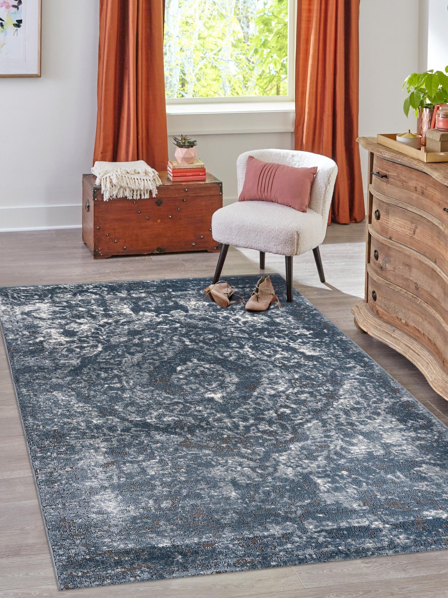 Blue 4' 1 x 6' 1 Portland Rectangle Area Rug 85% Polypropylene & 15% Polyester Vintage Distressed Traditional Carpet for Home Decor for Sale at Rug Engine