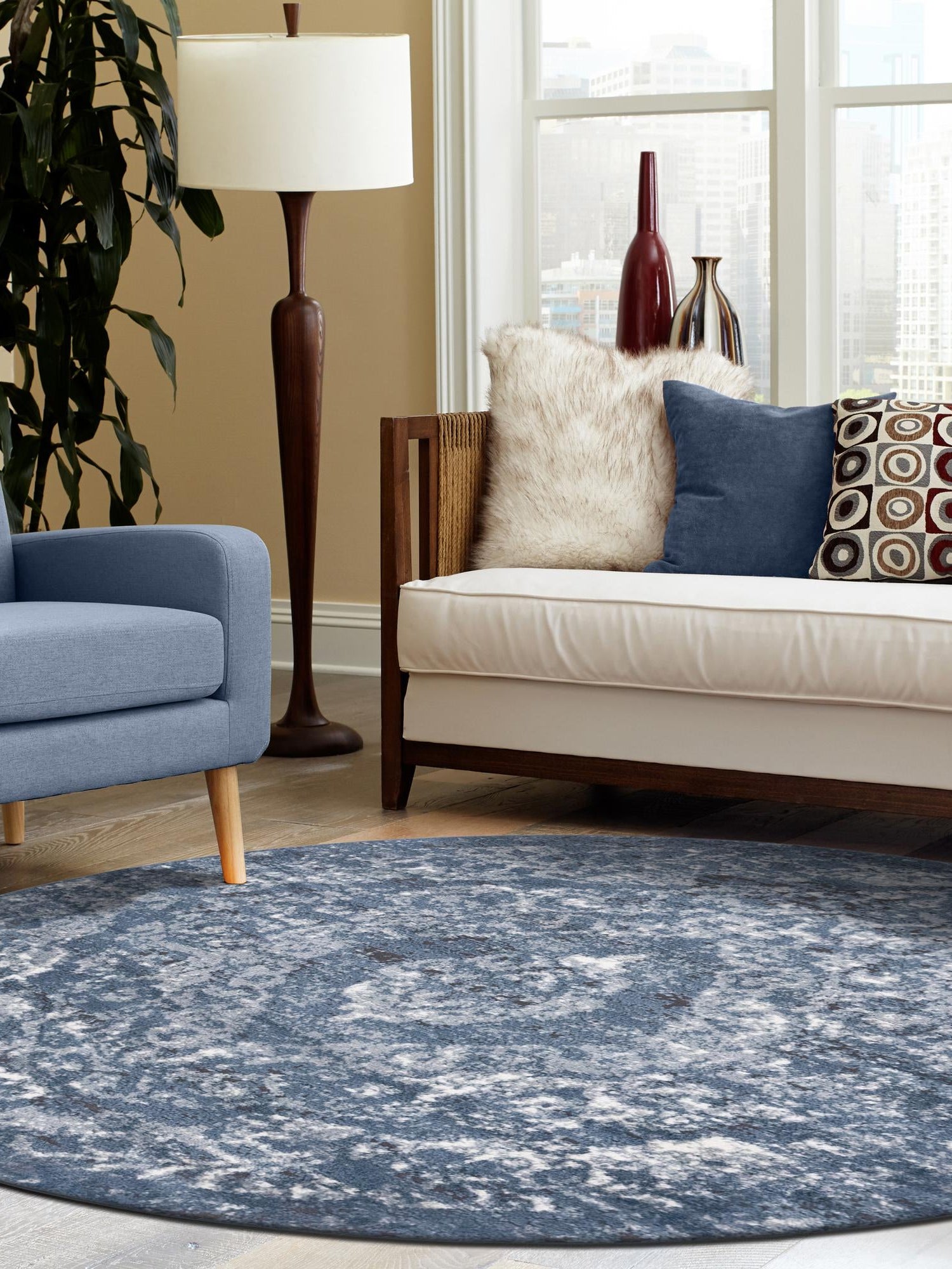 Blue 3' 1 x 3' 1 Portland Round Area Rug 85% Polypropylene & 15% Polyester Vintage Distressed Traditional Carpet for Home Decor for Sale at Rug Engine
