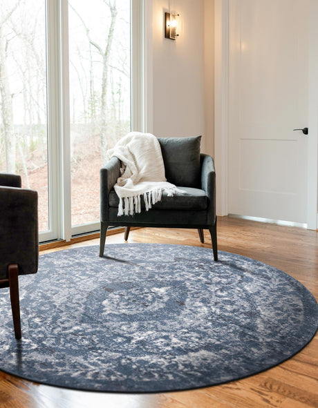 Blue 5' 3 x 5' 3 Portland Round Area Rug 85% Polypropylene & 15% Polyester Vintage Distressed Traditional Carpet for Home Decor for Sale at Rug Engine