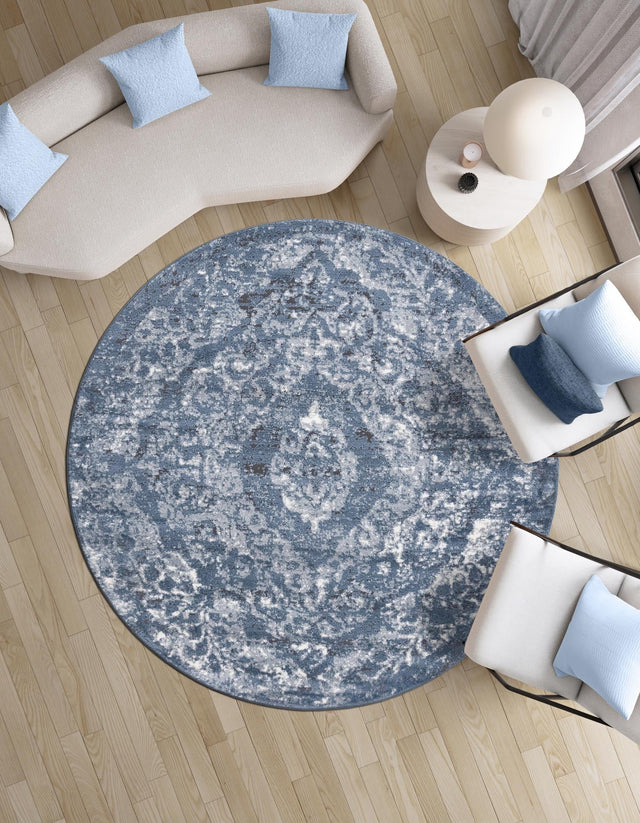 Blue 7' 1 x 7' 1 Portland Round Area Rug 85% Polypropylene & 15% Polyester Vintage Distressed Traditional Carpet for Home Decor for Sale at Rug Engine