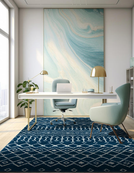 Blue 9' x 12' Moroccan Trellis Rectangle Area Rug 100% Polypropylene Easy Clean Geometric Traditional Carpet for Interior Design Home Decor for Sale at Rug Engine