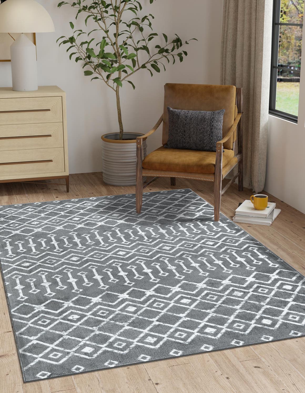 Gray 6' 1 x 9' Moroccan Trellis Rectangle Area Rug 100% Polypropylene Easy Clean Geometric Traditional Carpet for Interior Design Home Decor for Sale at Rug Engine