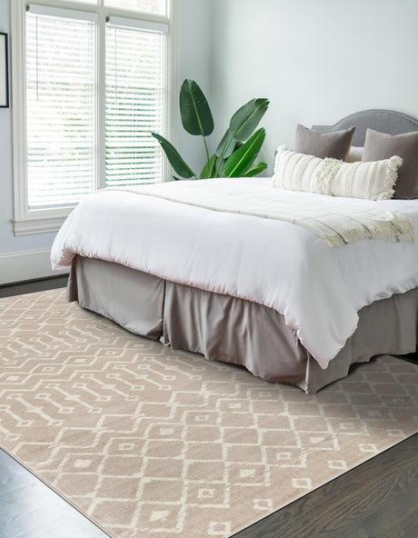 Beige 7' 10 x 10' Moroccan Trellis Rectangle Area Rug 100% Polypropylene Easy Clean Geometric Traditional Carpet for Interior Design Home Decor for Sale at Rug Engine