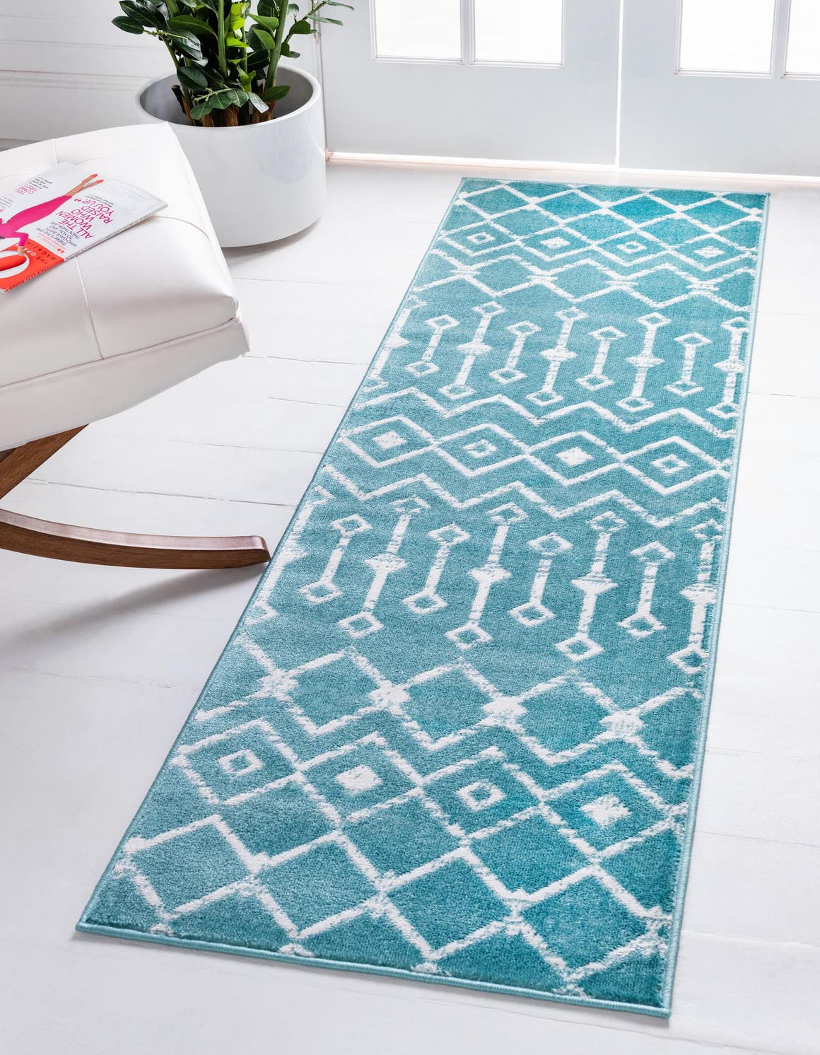 Turquoise 2' 6 x 8' 2 Moroccan Trellis Runner Area Rug 100% Polypropylene Easy Clean Geometric Traditional Carpet for Interior Design Home Decor for Sale at Rug Engine