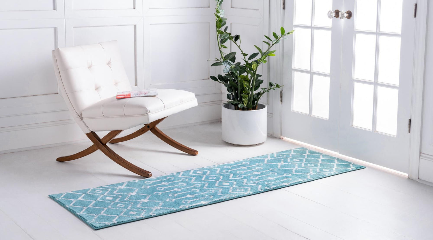 Turquoise 2' x 6' 7 Moroccan Trellis Runner Area Rug 100% Polypropylene Easy Clean Geometric Traditional Carpet for Interior Design Home Decor for Sale at Rug Engine