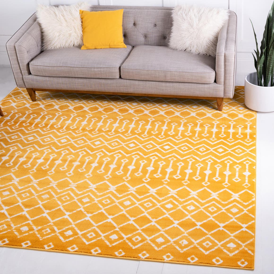 Yellow 12' x 12' Moroccan Trellis Square Area Rug 100% Polypropylene Easy Clean Geometric Traditional Carpet for Interior Design Home Decor for Sale at Rug Engine