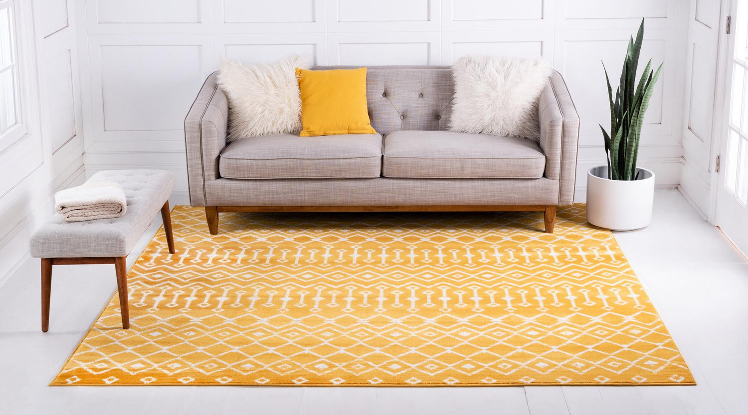 Yellow 12' x 12' Moroccan Trellis Square Area Rug 100% Polypropylene Easy Clean Geometric Traditional Carpet for Interior Design Home Decor for Sale at Rug Engine