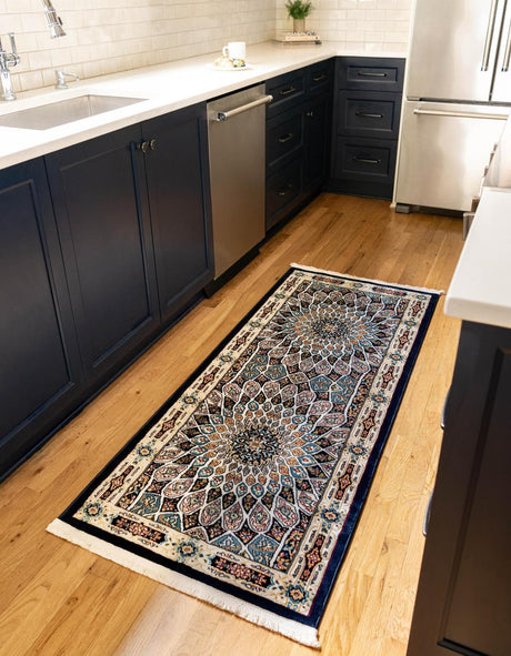 Navy Blue 2' 7 x 12' Narenj Runner Area Rug 85% Polypropylene & 15% Polyester Traditional Classic Carpet for Living, Dining, Bedrooms, Office for Sale at Rug Engine