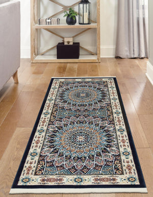 Navy Blue 2' 7 x 11' Narenj Runner Area Rug 85% Polypropylene & 15% Polyester Traditional Classic Carpet for Living, Dining, Bedrooms, Office for Sale at Rug Engine