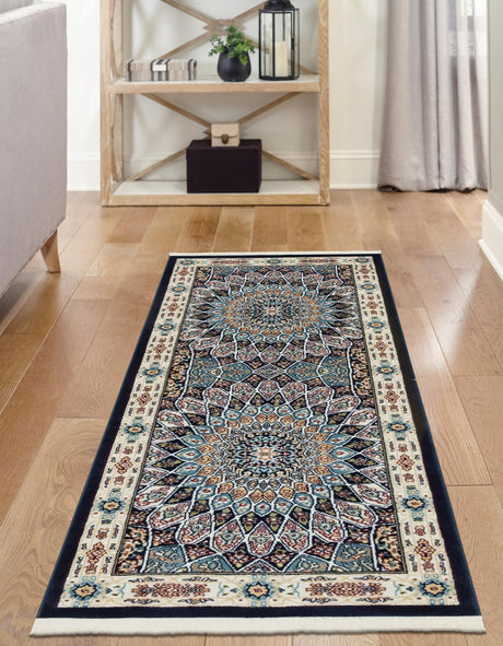 Navy Blue 2' 7 x 12' Narenj Runner Area Rug 85% Polypropylene & 15% Polyester Traditional Classic Carpet for Living, Dining, Bedrooms, Office for Sale at Rug Engine