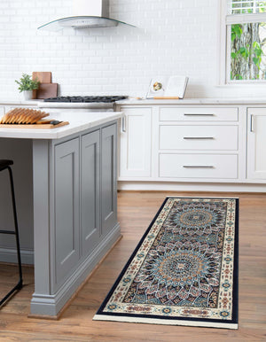 Navy Blue 2' 7 x 7' 1 Narenj Runner Area Rug 85% Polypropylene & 15% Polyester Traditional Classic Carpet for Living, Dining, Bedrooms, Office for Sale at Rug Engine