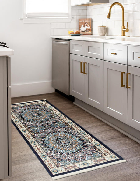 Navy Blue 2' 7 x 12' Narenj Runner Area Rug 85% Polypropylene & 15% Polyester Traditional Classic Carpet for Living, Dining, Bedrooms, Office for Sale at Rug Engine