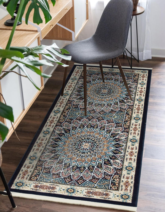 Navy Blue 2' 7 x 7' 1 Narenj Runner Area Rug 85% Polypropylene & 15% Polyester Traditional Classic Carpet for Living, Dining, Bedrooms, Office for Sale at Rug Engine