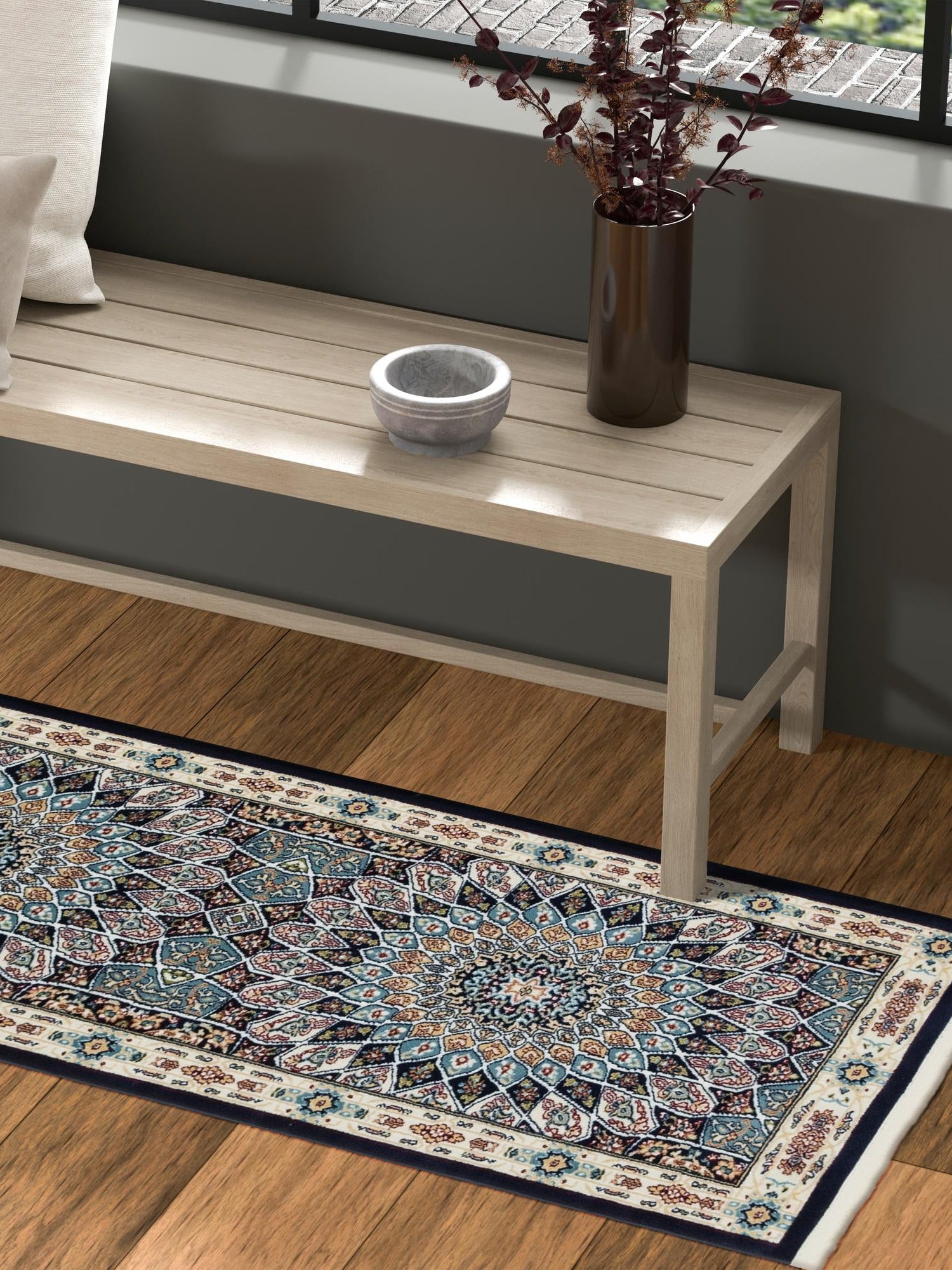 Navy Blue 2' 7 x 7' 1 Narenj Runner Area Rug 85% Polypropylene & 15% Polyester Traditional Classic Carpet for Living, Dining, Bedrooms, Office for Sale at Rug Engine