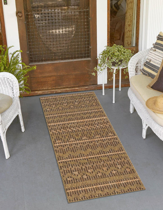 Light Brown 2' x 6' 1 Outdoor Modern Runner Area Rug Weather Resistant for Patio, Deck, Terrace, Balcony, Porch 100% Polypropylene Modern Outside Carpet for Sale at Rug Engine