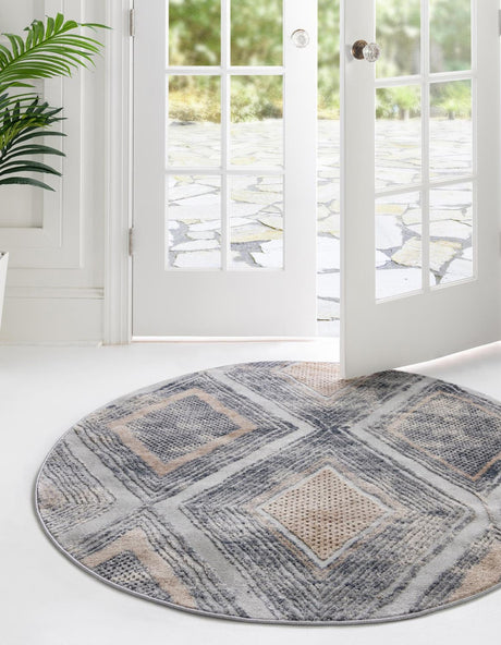 Gray Cream 4' 1 x 4' 1 Caspian Round Area Rug 60% Polypropylene & 40% Polyester With Cotton Backing Modern Chic Carpet for Home Interior Design Decorating for Sale at Rug Engine