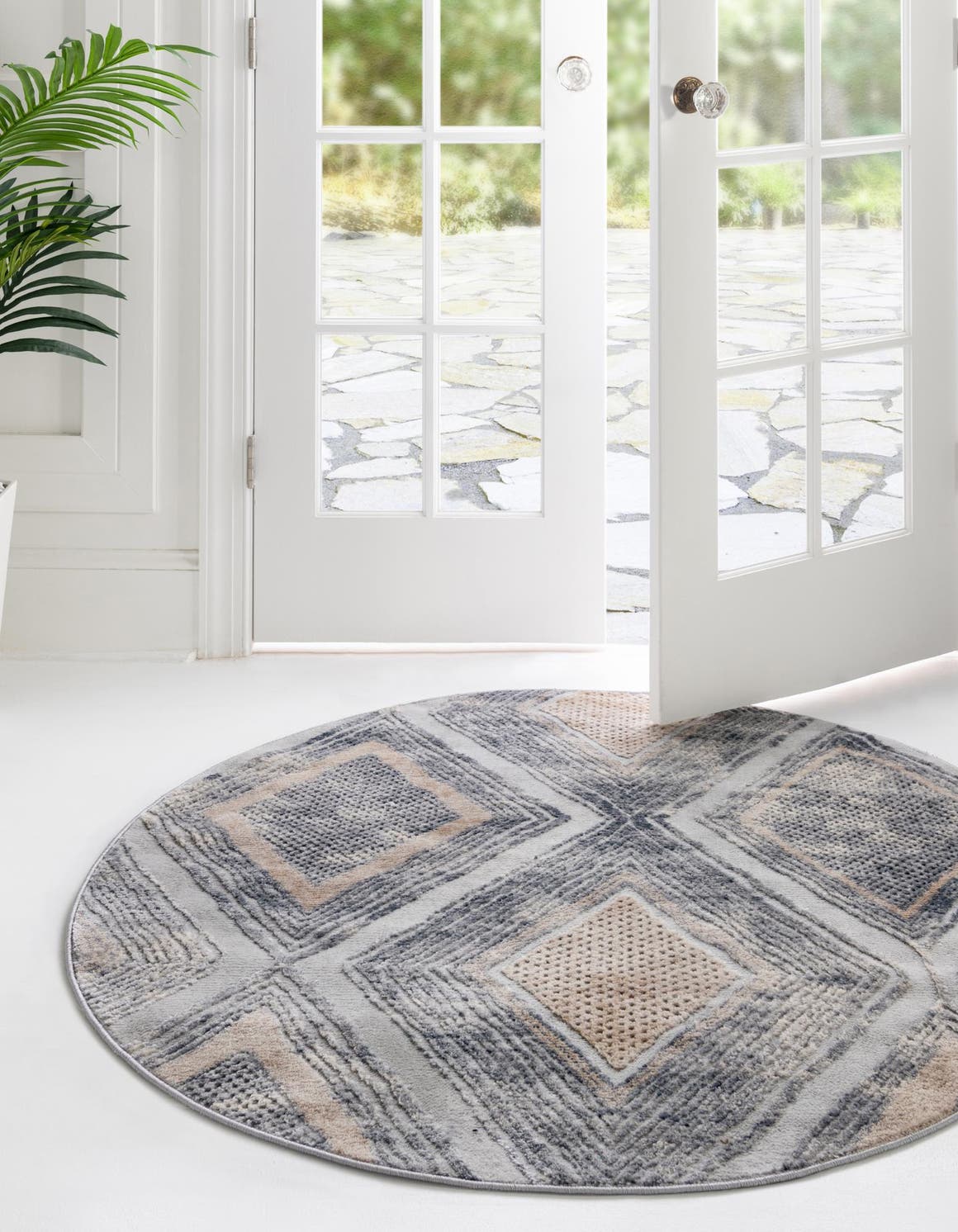 Gray Cream 5' 3 x 5' 3 Caspian Round Area Rug 60% Polypropylene & 40% Polyester With Cotton Backing Modern Chic Carpet for Home Interior Design Decorating for Sale at Rug Engine