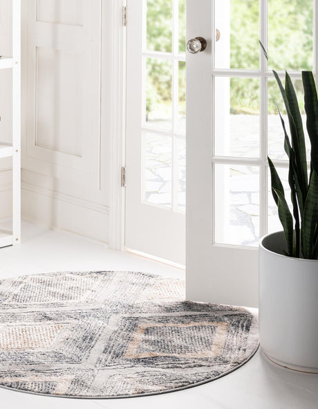 Gray Cream 7' 10 x 7' 10 Caspian Round Area Rug 60% Polypropylene & 40% Polyester With Cotton Backing Modern Chic Carpet for Home Interior Design Decorating for Sale at Rug Engine