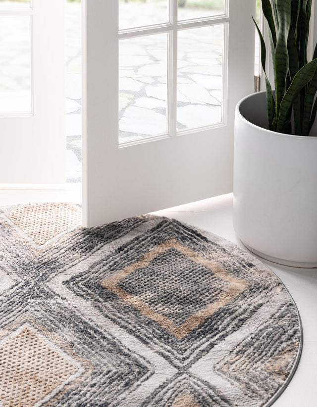 Gray Cream 5' 3 x 5' 3 Caspian Round Area Rug 60% Polypropylene & 40% Polyester With Cotton Backing Modern Chic Carpet for Home Interior Design Decorating for Sale at Rug Engine