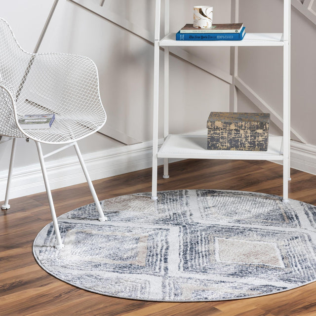 Gray Cream 5' 3 x 5' 3 Caspian Round Area Rug 60% Polypropylene & 40% Polyester With Cotton Backing Modern Chic Carpet for Home Interior Design Decorating for Sale at Rug Engine