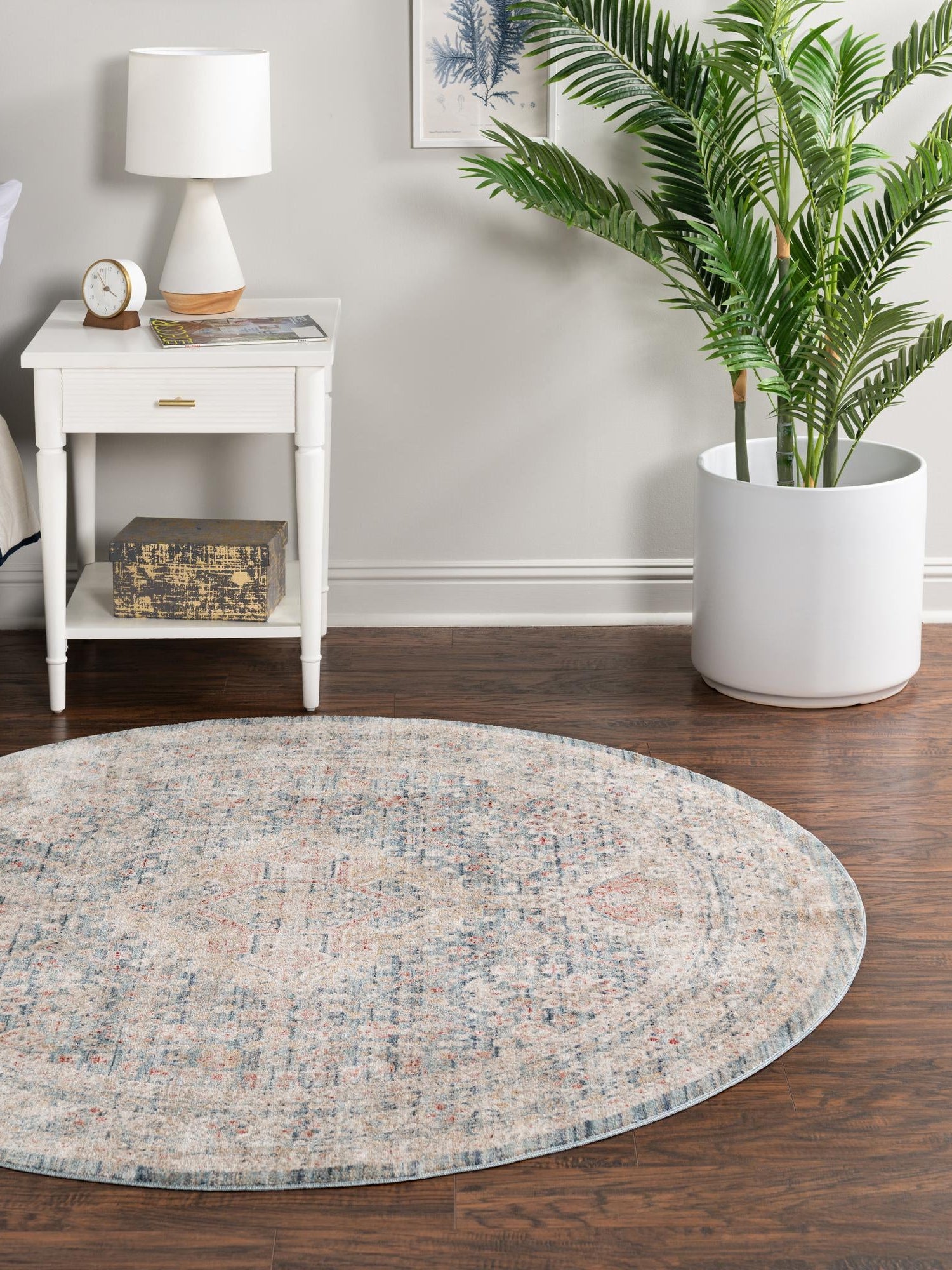 Blue 6' x 6' Noble Round Area Rug 100% Polyester Traditional Distressed Classic Contemporary Carpet for Home Decor for Sale at Rug Engine