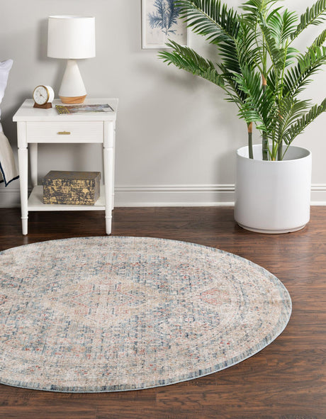 Blue 6' x 6' Noble Round Area Rug 100% Polyester Traditional Distressed Classic Contemporary Carpet for Home Decor for Sale at Rug Engine