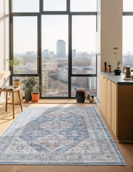 Blue 4' 1 x 5' 7 Noble Rectangle Area Rug 100% Polyester Traditional Distressed Classic Contemporary Carpet for Home Decor for Sale at Rug Engine