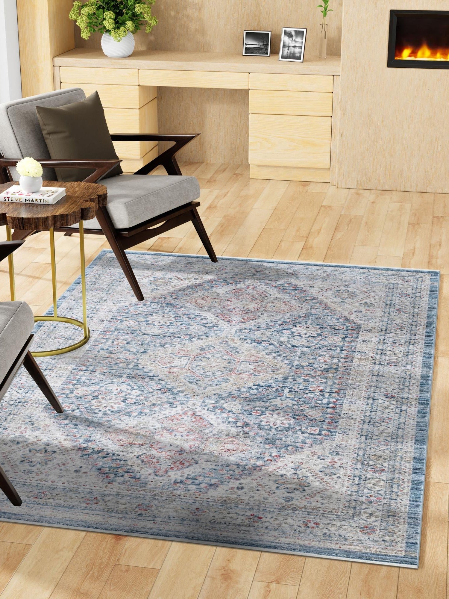 Blue 6' 1 x 9' Noble Rectangle Area Rug 100% Polyester Traditional Distressed Classic Contemporary Carpet for Home Decor for Sale at Rug Engine