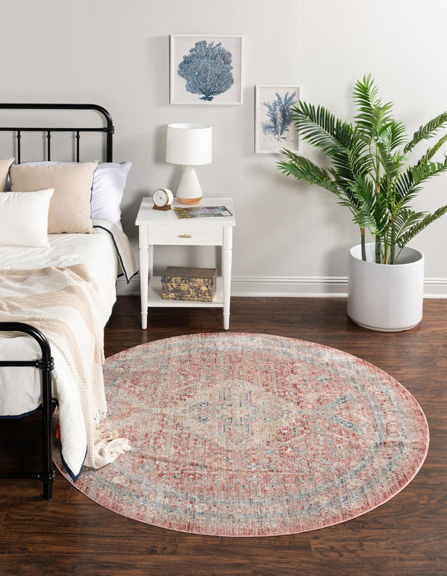 Rose Rust 6' x 6' Noble Round Area Rug 100% Polyester Traditional Distressed Classic Contemporary Carpet for Home Decor for Sale at Rug Engine